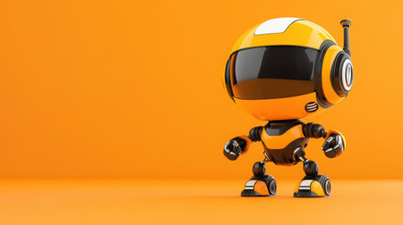 This adorable yellow robot character with a headset stands on a bright orange background, perfect for creative projects, animation, or technology concepts.の素材