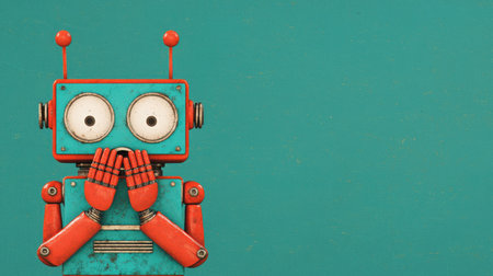 This playful image captures a colorful vintage robot with a surprised expression, set against a bright backdrop. Perfect for children's themes or fun technology concepts.の素材