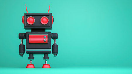 This vibrant vintage robot toy features red accents and a turquoise background, creating a playful and colorful illustration perfect for creative projects.の素材