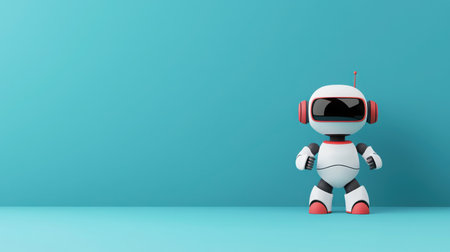 This image features a charming cartoon robot character with headphones, set against a vibrant blue background, ideal for technology-themed projects, art, and design.の素材