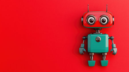 A whimsical retro robot toy stands against a vibrant red backdrop, featuring large eyes and a playful design. Perfect for themed projects or decor.の素材