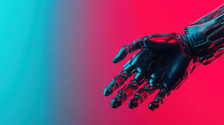 A close-up of a robotic hand extending outward against a vibrant gradient background of blue and red. This image captures the essence of futuristic technology and innovation.の素材