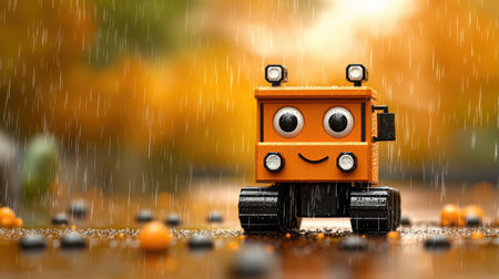 A cheerful orange toy truck smiles in the rain, surrounded by a vibrant autumn landscape and colorful leaves, exuding a playful spirit perfect for children's themes.の素材