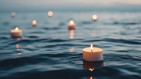 A serene scene of floating candles on tranquil waters at dusk, creating a peaceful ambiance and beautiful reflections, ideal for relaxation and contemplation.の素材