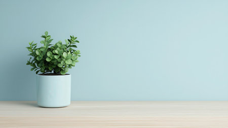A vibrant green plant in a light blue pot sits on a wooden table, creating a calm and modern atmosphere. Ideal for home interior designs and stylish decor.の素材