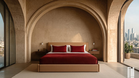 A luxurious modern bedroom featuring a stylish design with a city view. The space highlights elegance and comfort through soothing colors and contemporary furnishings.の素材