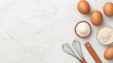 A clean, marble kitchen surface featuring fresh eggs, flour, and essential baking tools ready for use. Perfect for culinary inspiration.の素材