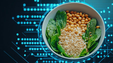 A nutritious bowl featuring quinoa, spinach, chickpeas, and nuts, set against a modern tech-inspired background, representing healthy living and innovation.の素材