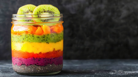 Delight in a vibrant fruit parfait layered with colorful ingredients, topped with kiwi slices and chia seeds, perfect for a healthy snack or breakfast treat.の素材
