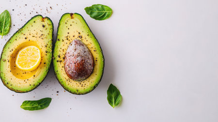 Two fresh avocado halves with a lemon slice and basil leaves on a light surface create a vibrant and healthy composition ideal for culinary visuals.の素材