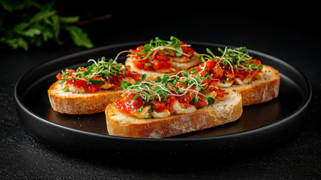 A stunning close-up of bruschetta topped with fresh herbs and tomatoes on a wooden platter, perfect for appetizers or casual dining.の素材