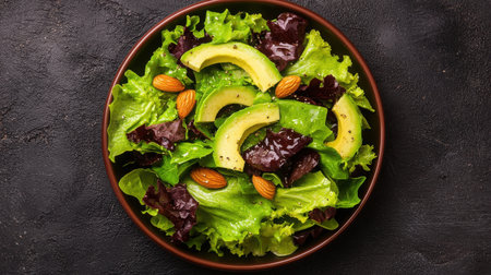 A visually appealing green salad featuring fresh avocado slices and crunchy almonds, perfect for healthy eating. The vibrant colors and textures enhance any meal.の素材