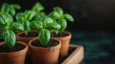 Small terracotta pots filled with young basil plants showcase vibrant green leaves, representing growth and freshness. Ideal for gardening enthusiasts and culinary arts.の素材