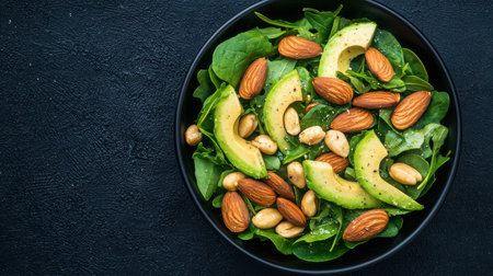 A vibrant green salad featuring fresh avocado slices, assorted nuts, and spinach leaves, perfect for healthy meals or snacks. Ideal for nutrition-focused diets.の素材