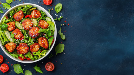 A vibrant salad bowl featuring fresh greens, juicy grilled chicken meatballs, and colorful vegetables, perfect for a healthy meal or meal prep.の素材