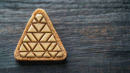 A unique piece of toast shaped with a golden triangle pattern resting on a textured wooden surface, ideal for culinary and design inspirations.の素材