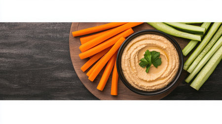 A vibrant arrangement of fresh carrots and celery sticks around a bowl of creamy hummus dip, showcasing a healthy snack option on a rustic wooden board.の素材