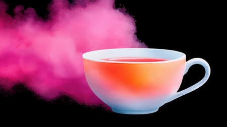 A vibrant tea cup emitting silky pink smoke against a striking black background, perfect for conveying creativity and warmth in beverage photography.の素材