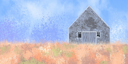 This serene landscape features a rustic barn surrounded by vibrant grass under a bright blue sky, ideal for projects needing a peaceful nature scene.の素材