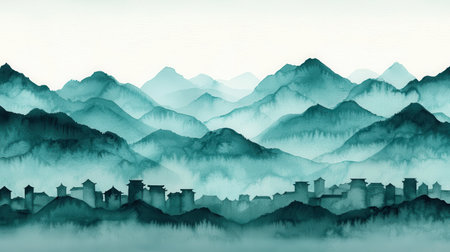 A serene watercolor landscape featuring majestic mountains and silhouetted villages, evoking tranquility and harmony. Soft tones and mist create depth and beauty.の素材