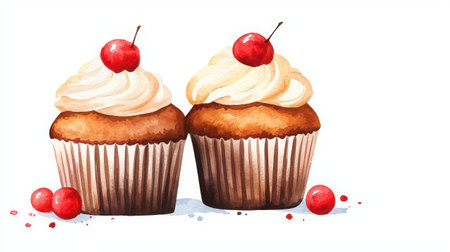 Bright and colorful illustration of two tempting cupcakes topped with creamy frosting and cherries, perfect for articles or designs about desserts.の素材