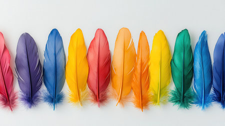 A stunning arrangement of colorful feathers showcases a vibrant spectrum on a clean white background, perfect for artistic, design, and creative projects.の素材