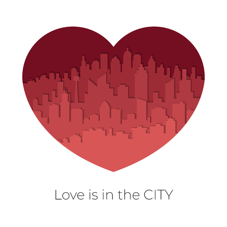 City skyline in red-tone in Valentine concept in heart shaped. Paper art styleのイラスト素材