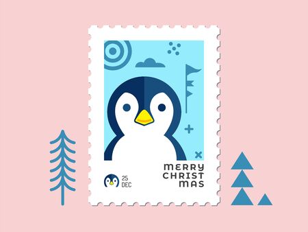 Penguin face in blue style - Christmas stamp flat design for greeting card and multi purpose - Vector illustrationのイラスト素材