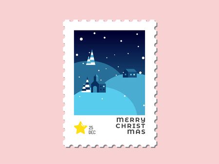 House on the hill in blue tone - Christmas stamp flat design for greeting card and multi purpose - Vector illustrationのイラスト素材
