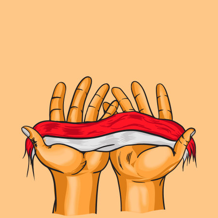 vector ilustration of hand holding indonesian flagの写真素材