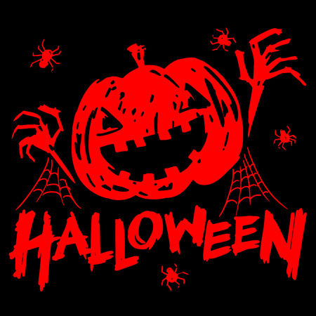 jack-o-lantern pumpkin head with spider, cobweb and halloween text red color on black backgroundのイラスト素材