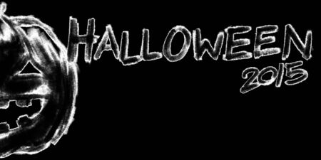 jack-o-lantern pumpkin head chalk charcoal pencil illustration with halloween 2015 text black and white colorの写真素材