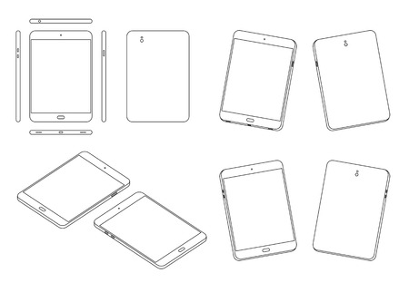 Tablet top, front, back, side, bottom and perspective 3d view outline set black and white color isolated on white backgroundのイラスト素材