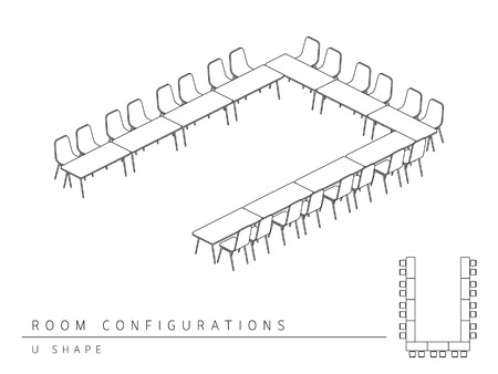 Meeting room setup layout configuration U Shape style, perspective 3d with top view illustration outline black and white colorのイラスト素材