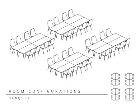 Meeting room setup layout configuration Banquet style, perspective 3d with top view illustration outline black and white colorのイラスト素材
