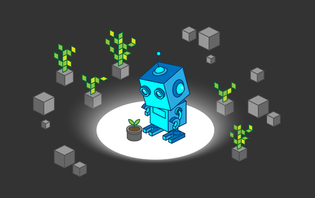 Robot discover young plant among digital tree and rock illustration concept designのイラスト素材