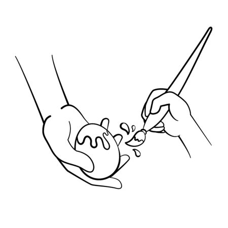Parent and child painting easter egg illustration outline style black and white color isolated on white backgroundのイラスト素材