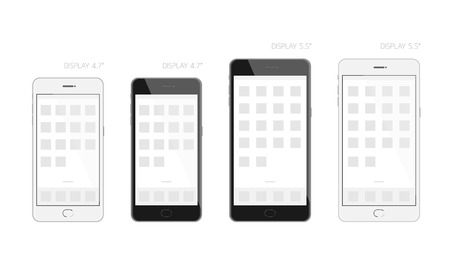Mobile phone black and white design display size 4.7 and 5.5 inches mock up, screen template illustration isolated on white backgroundのイラスト素材