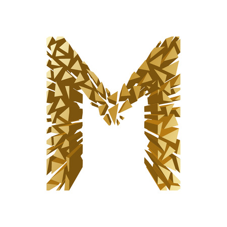 The letter M, in the alphabet broken 3d perspective set gold color isolated on white backgroundのイラスト素材
