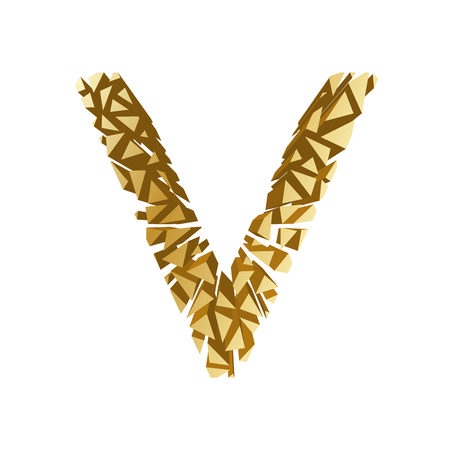 The letter V, in the alphabet broken 3d perspective set gold color isolated on white backgroundのイラスト素材