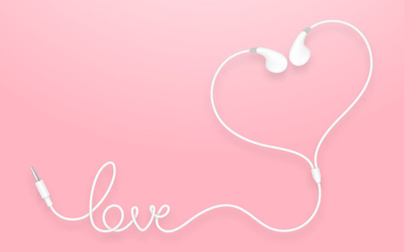 Earphones, Earbud type white color and love text made from cable isolated on pink gradient background, with copy spaceのイラスト素材