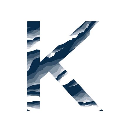 The letter K, in the alphabet abstract background marble, bark, mountain, stone layer  set dark blue shade color isolated on white backgroundのイラスト素材