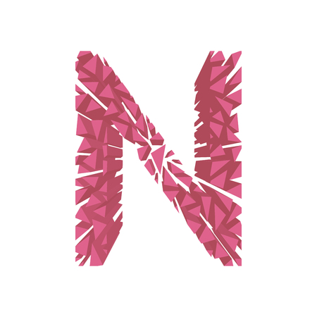 The letter N, in the alphabet broken 3d perspective set pink color isolated on white backgroundのイラスト素材