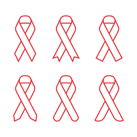 Red ribbon AIDS, HIV icon illustration, flat color outline stroke design set isolated on white backgroundのイラスト素材
