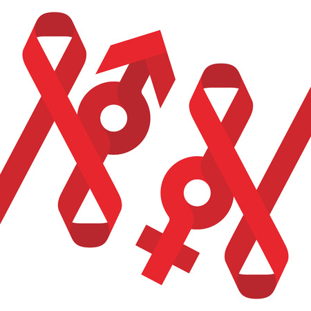 Red ribbon AIDS, HIV and male female sign icon flat color design illustration isolated on white backgroundのイラスト素材