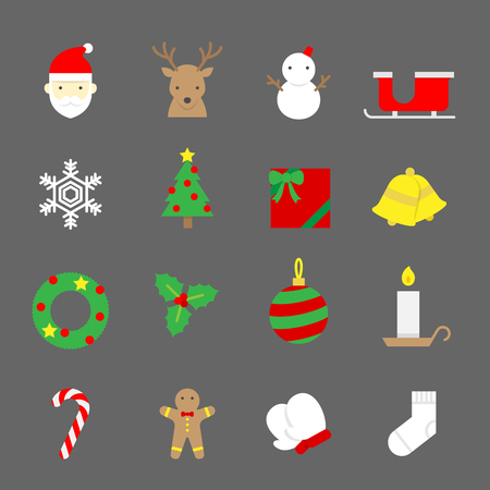 Christmas icons set flat color design set isolated on dark grey color backgroundのイラスト素材