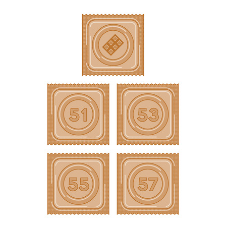 Chocolate flavored condom in package size 51, 53, 55 and 57 illustration brown color and chocolate icon flat design isolated on white backgroundのイラスト素材