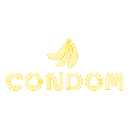 Condom text made from banana flavored condom illustration yellow color and banana icon flat design isolated on white backgroundのイラスト素材