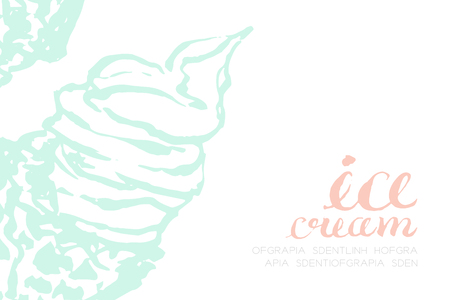 Ice cream soft serve pattern hand drawing illustration ink brush style green color and ice cream text pink color isolated on white background, with copy spaceのイラスト素材