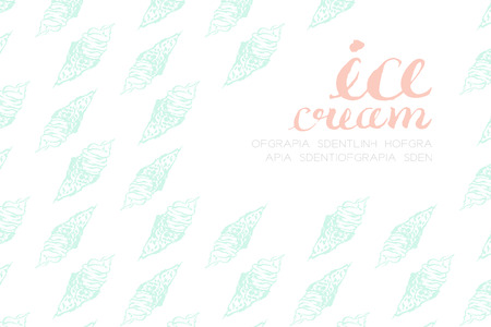 Ice cream soft serve pattern hand drawing illustration ink brush style green color and ice cream text pink color isolated on white background, with copy spaceのイラスト素材